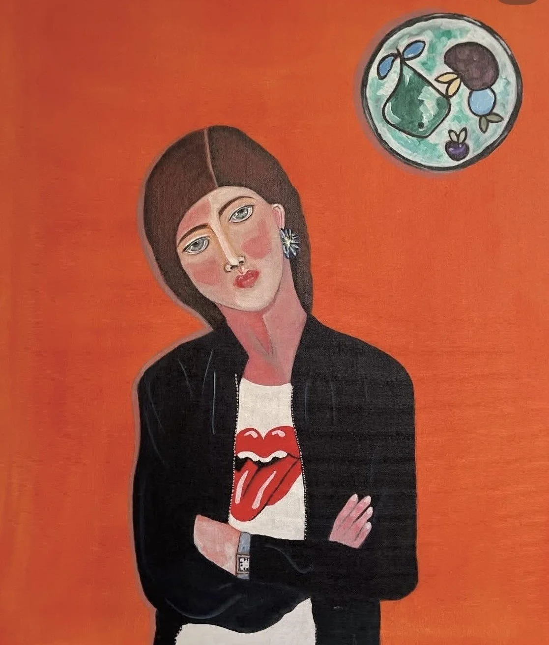 Painting of a woman with shoulder-length dark hair, wearing a black jacket and a white T-shirt with a red tongue and lips graphic. She has a floral earring, her arms crossed, and is set against an orange background. A circular plate with a glass, berries, and a small purple fruit is in the top right corner.