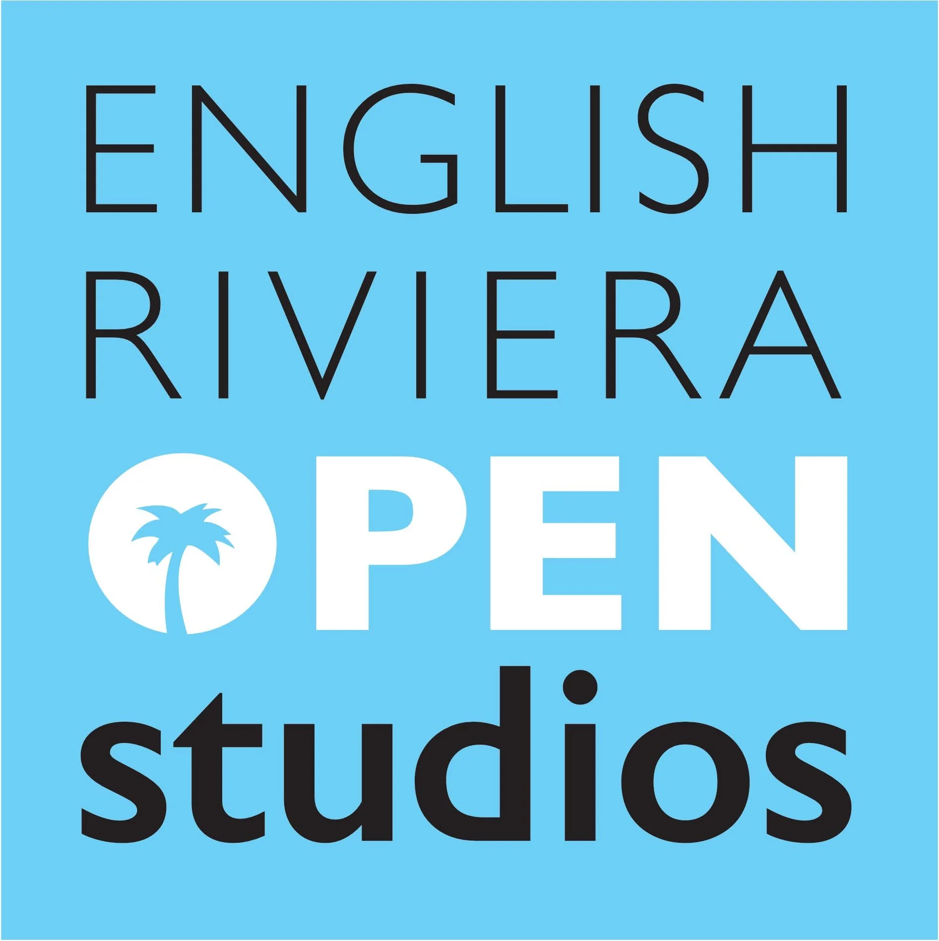 Text on a blue background reading 'ENGLISH RIVERA STUDIOS' with a palm tree logo.