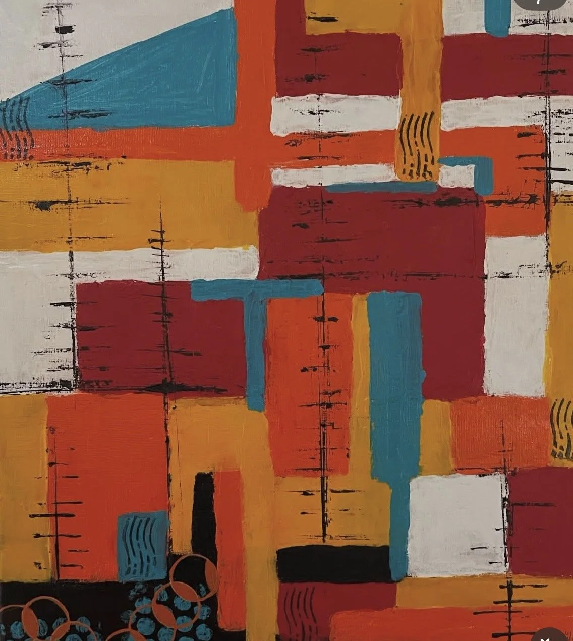 An abstract painting with colorful overlapping rectangles and squares in red, orange, yellow, teal, white, and black, with textured lines and patterns.