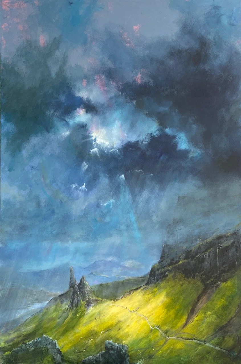 A landscape painting depicting a green hillside with rocky outcroppings and a jagged mountain in the background under a blue sky with dark clouds.