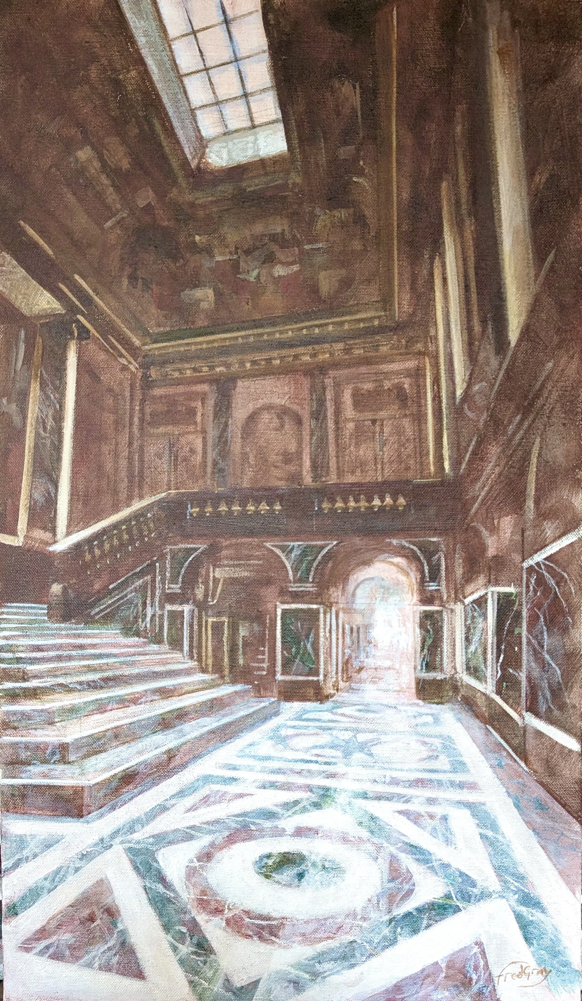 A painting of an opulent interior with a marble floor, marble stairs, intricate wood paneling, a high ceiling with a large window, and ornate decorations.
