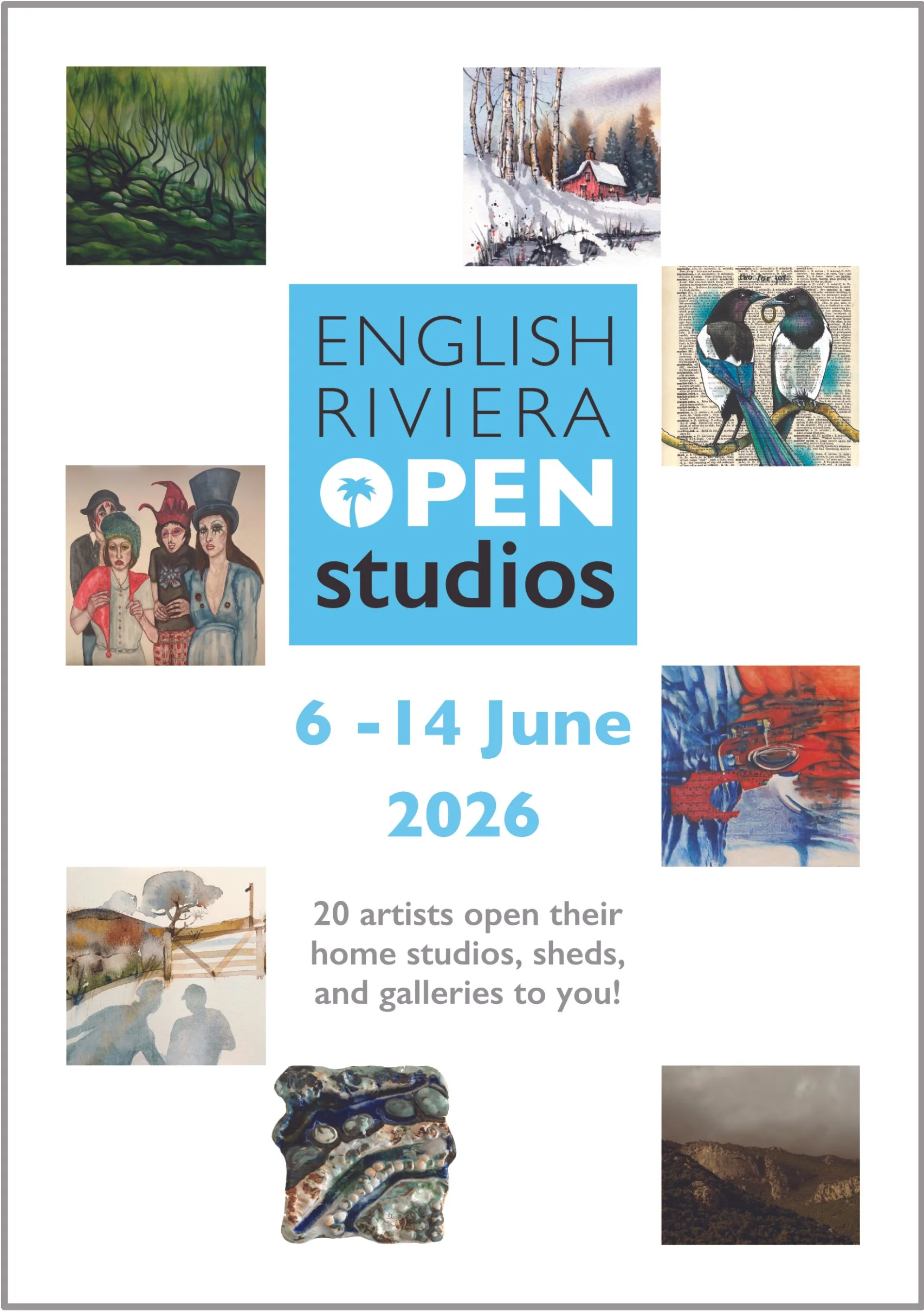 Poster for the English Riviera Open Studios event taking place from June 6 to June 14, 2026, featuring various artworks including landscape paintings, birds, abstract art, and illustrations of people.