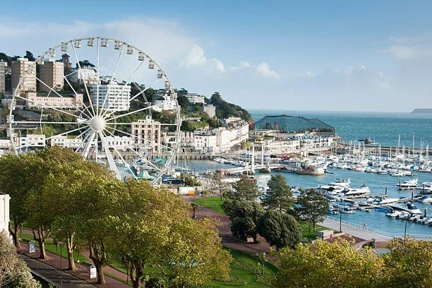 Harbor with boats, a Ferris wheel, and hillside buildings overlooking the bay on a clear day.