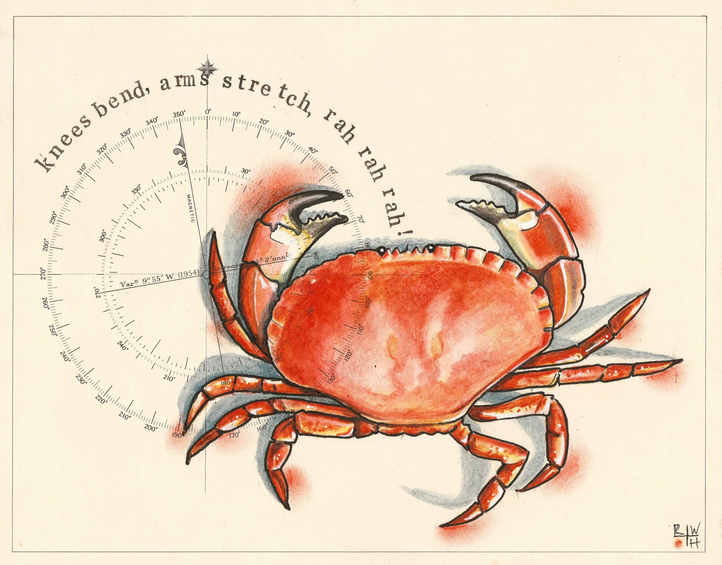 Colorful illustration of a red crab with a circular measuring instrument around it with text reading "knees bend, arms stretch, rah rah!" and a signature in the corner.