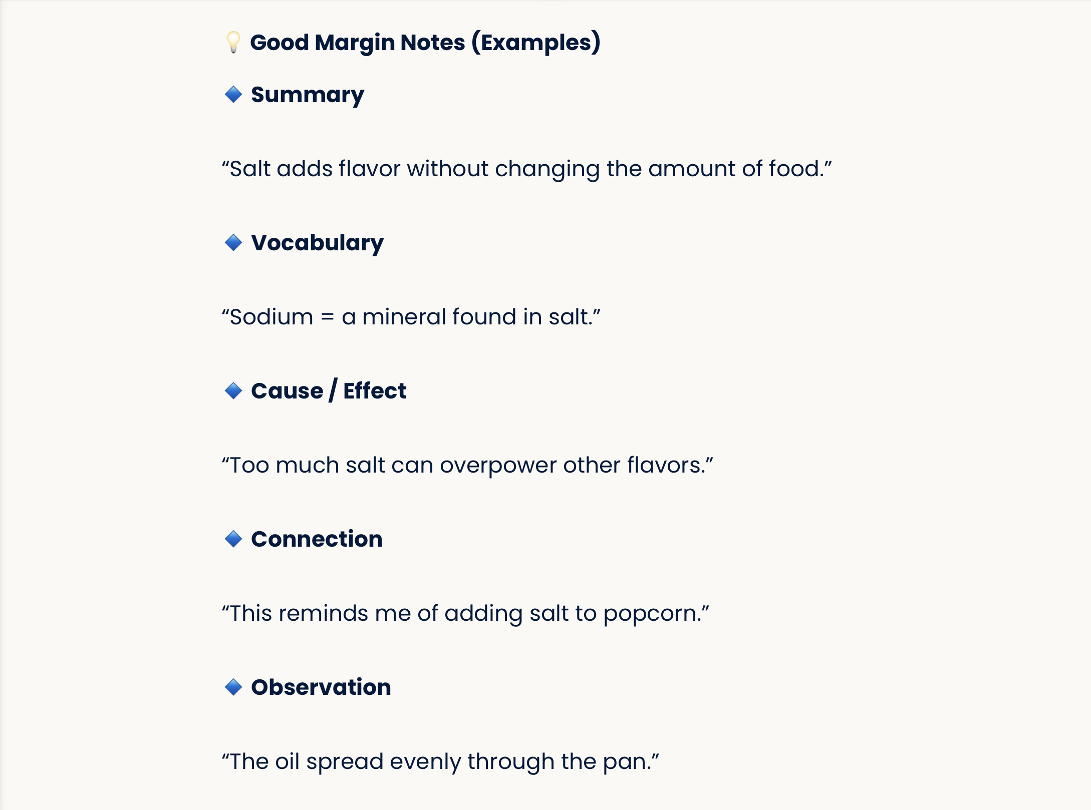 Good margin notes help students move beyond copying. Students are shown how to summarize, define vocabulary, notice cause and effect, make connections, and record observations so they can think more deeply about what they are learning.