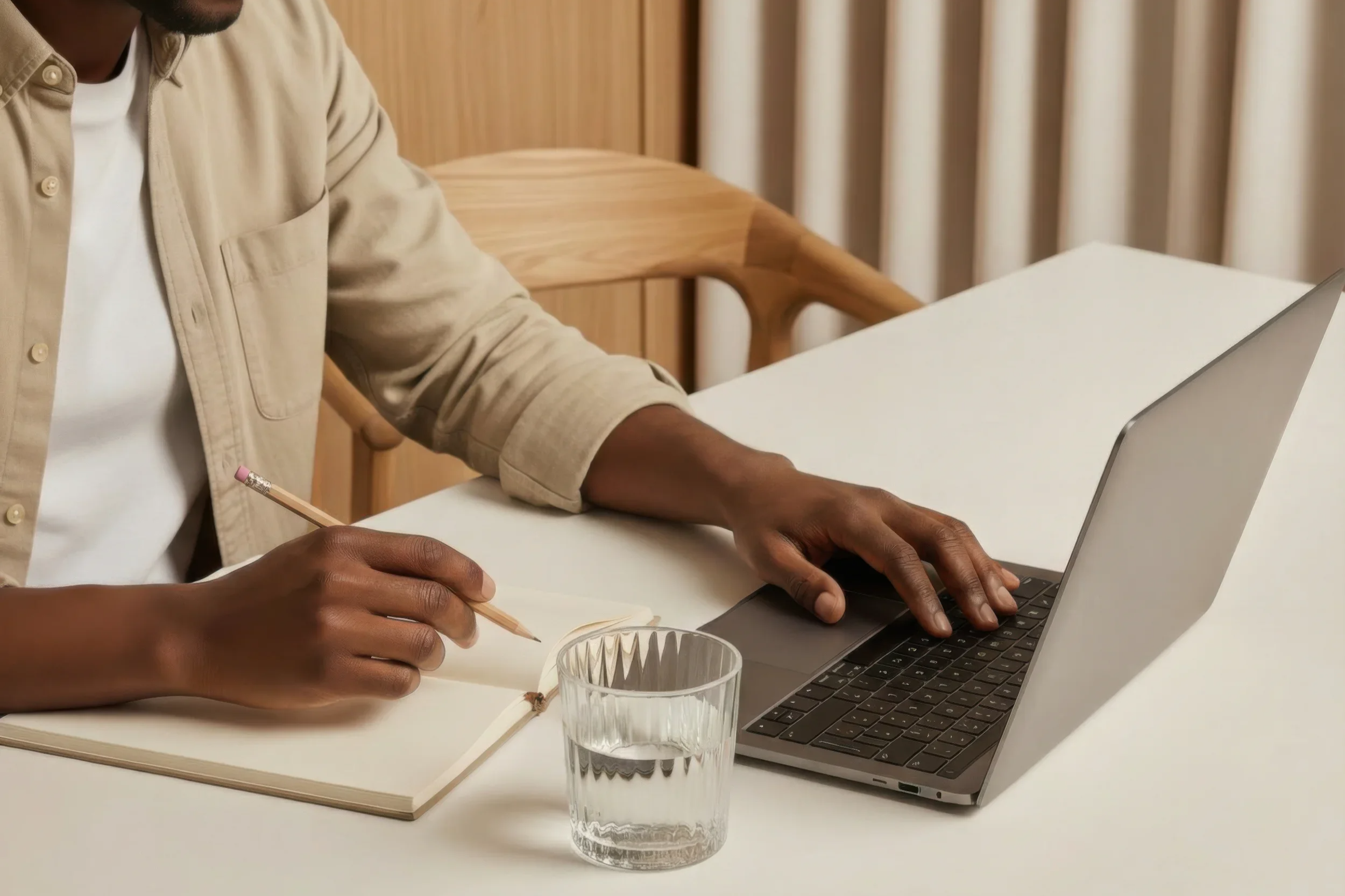 Person working on a laptop at a white table, holding a pencil and writing in a notebook, with a glass of water nearby.