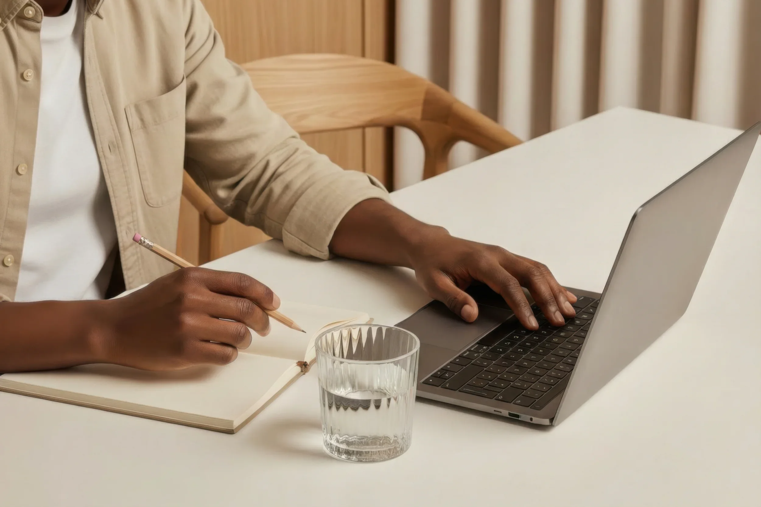Person writing in a notebook with a pencil while using a laptop, with a glass of water nearby on a white table.