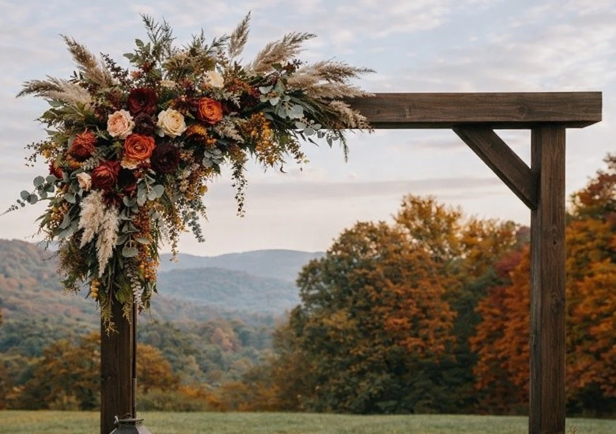 A wooden arch decorated with a floral arrangement, set outdoors with trees and hills in the background.