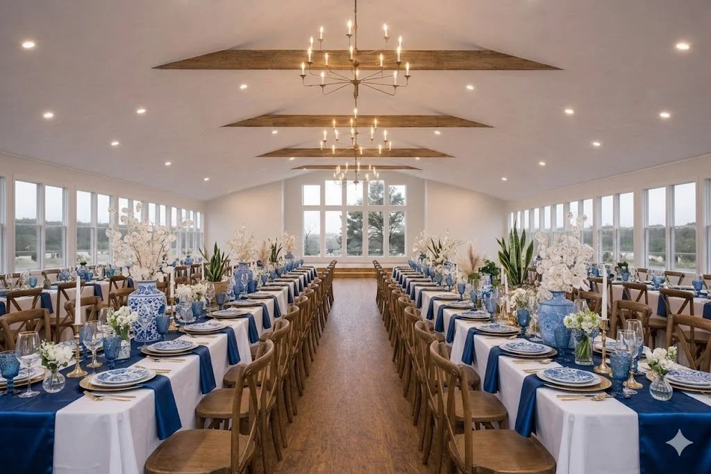 A spacious banquet hall decorated for an event with long tables set with blue and white tableware, floral centerpieces, and candles. The room has large windows, wooden ceiling beams, and chandelier lighting.