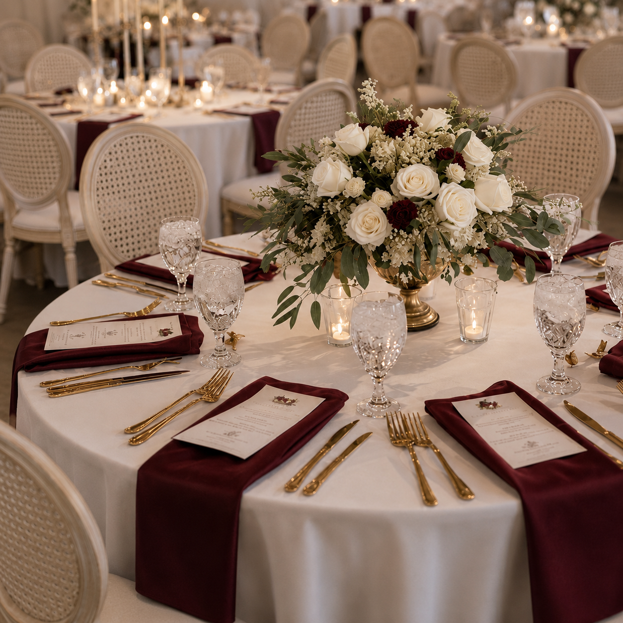 A decorated round banquet table with a white tablecloth, burgundy napkins, gold flatware, crystal glasses, menus, and a large floral centerpiece of white roses, dark red flowers, and greenery, surrounded by small candles.