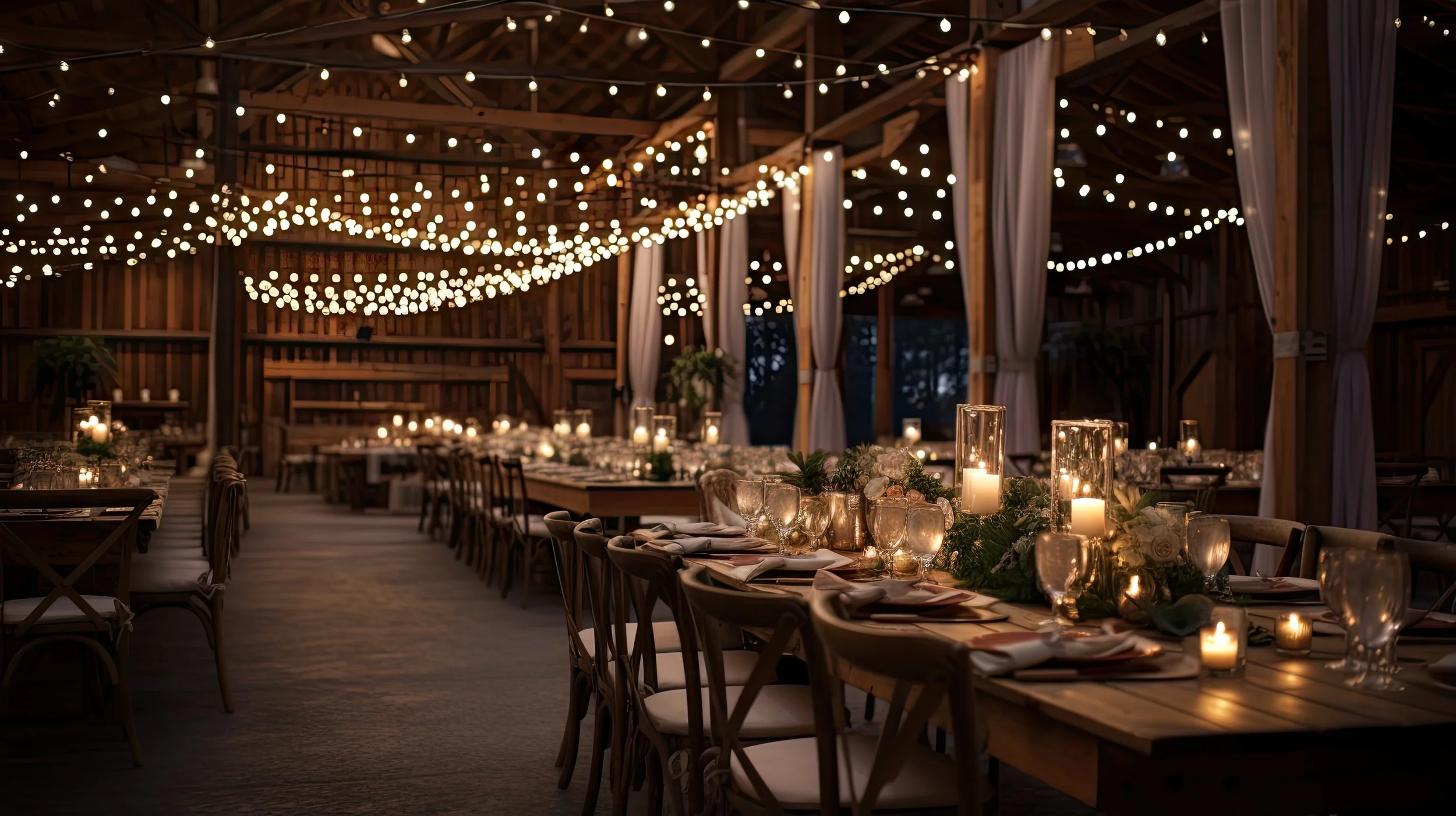Elegant wedding reception inside a barn with string lights, candles on tables, and floral centerpieces.