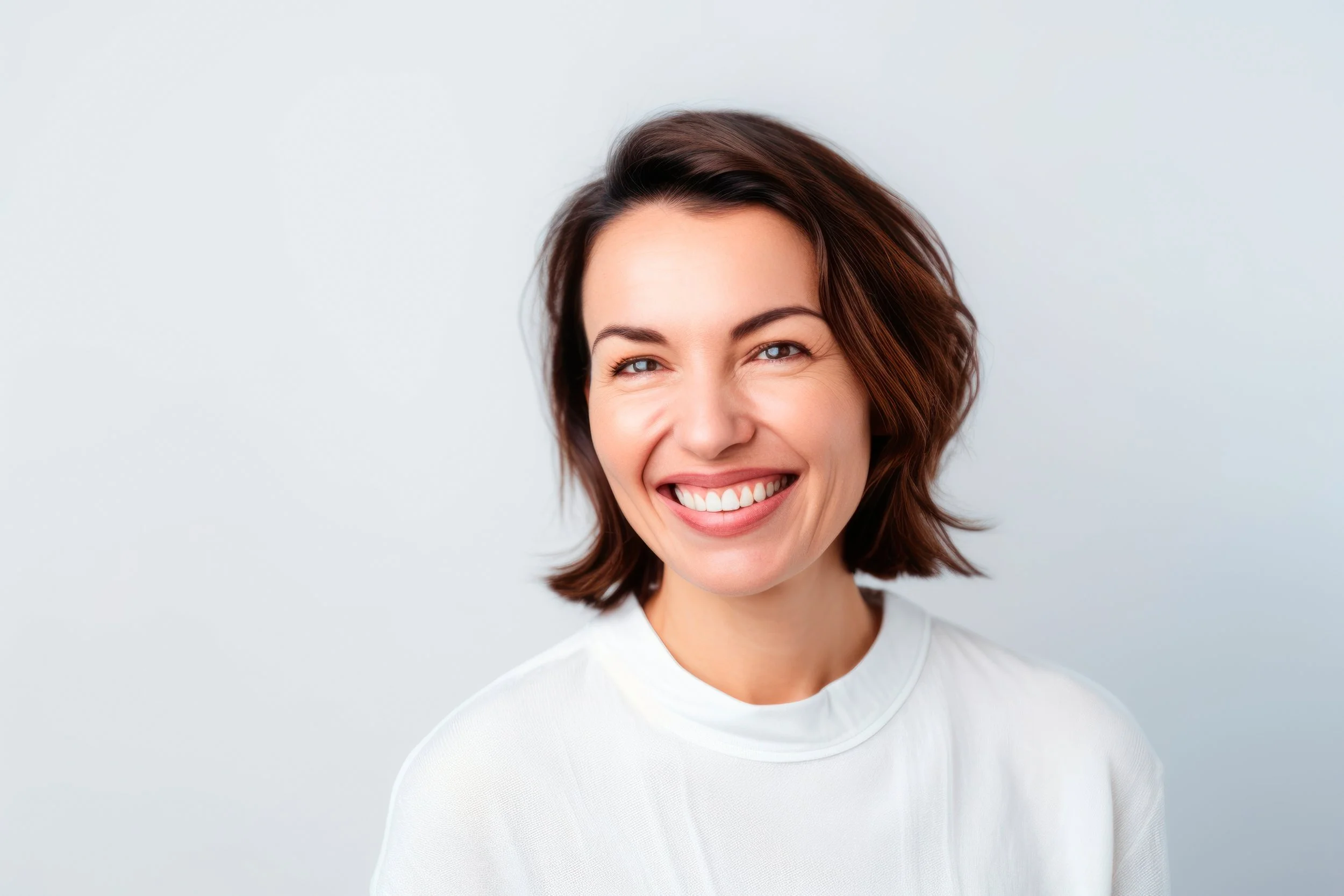 A woman with short brown hair smiling with teeth showing, wearing a white shirt, against a plain light background.