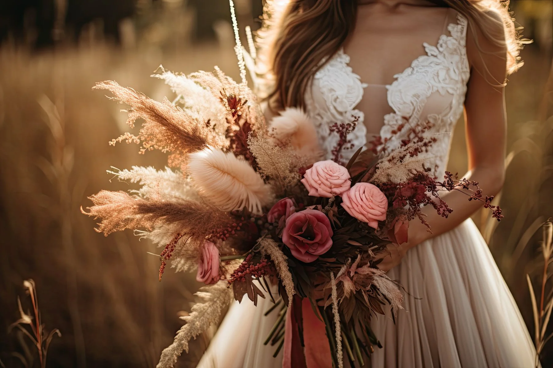 A woman in a wedding dress holding a bouquet of pink roses, dried pampas grass, and other flowers.