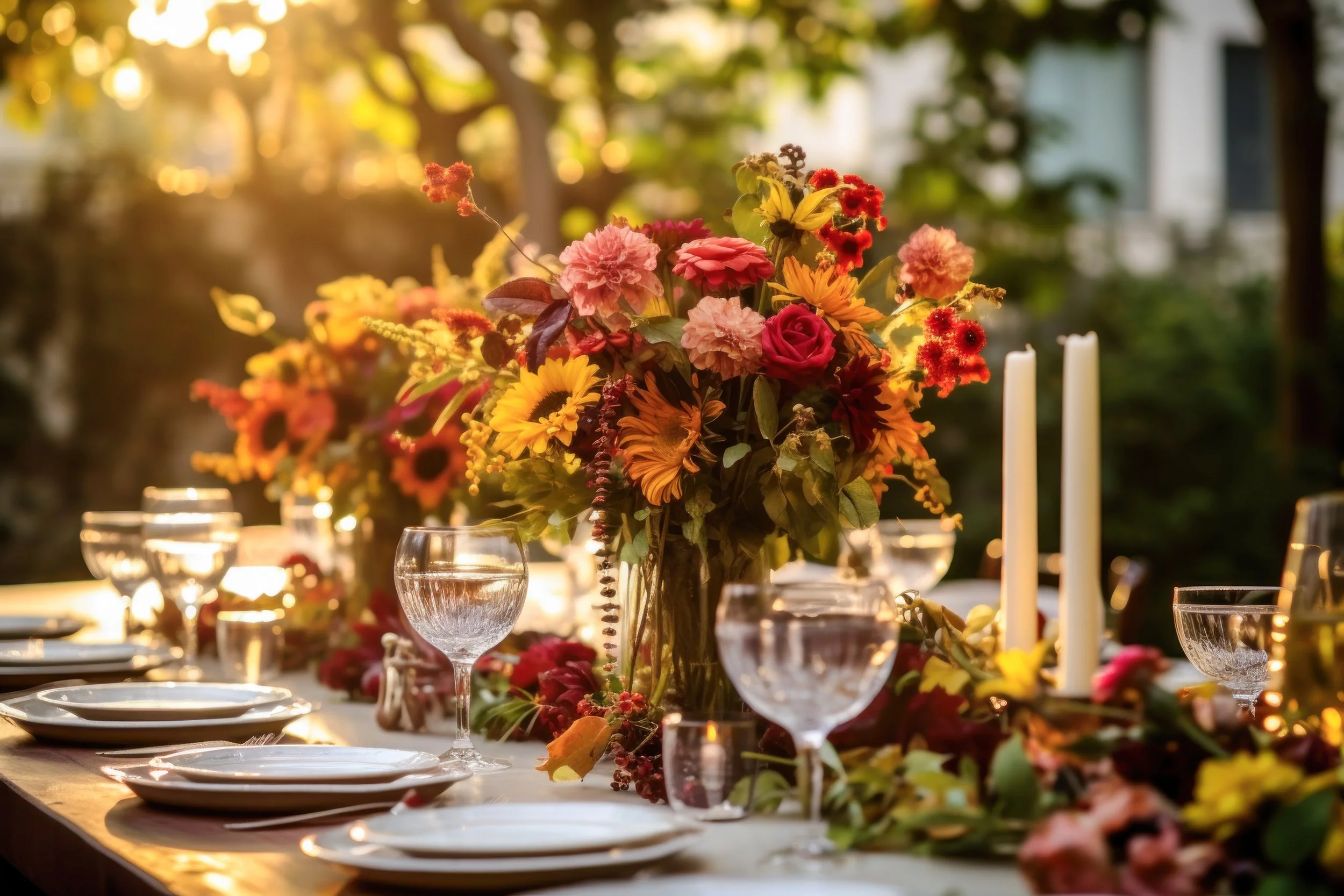 A beautifully set outdoor dining table with a large colorful flower arrangement as the centerpiece, surrounded by empty wine glasses, white plates, and taper candles, with warm sunlight filtering through trees in the background.