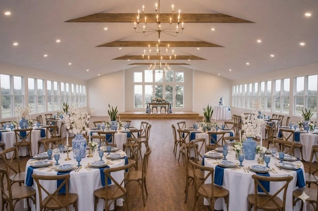 Elegant banquet hall set up for a wedding or formal event with round tables, white tablecloths, blue accents, floral centerpieces, and folding wooden chairs, with large windows and chandeliers.