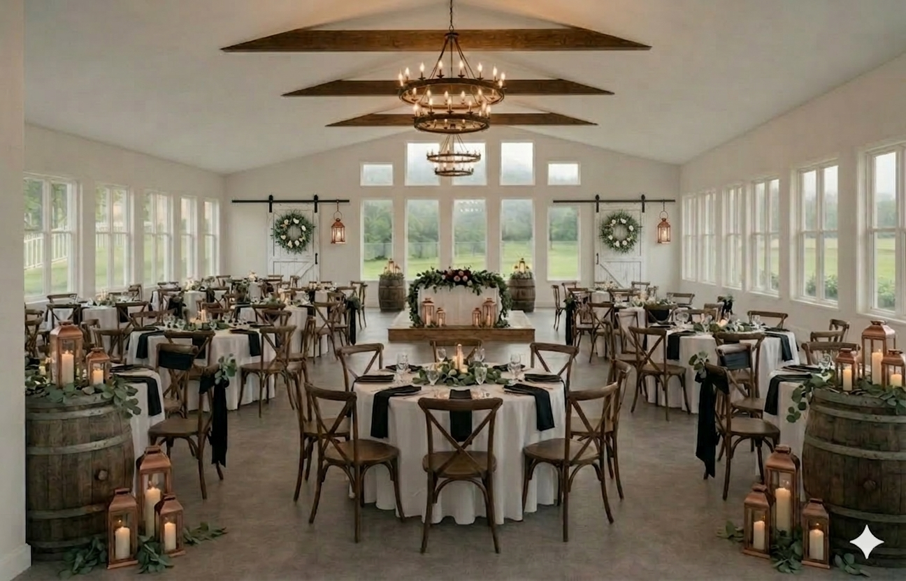 Elegant wedding reception setup with round tables covered in white tablecloths, decorated with greenery and candles, in a bright, spacious room with large windows and wooden beams on the ceiling.