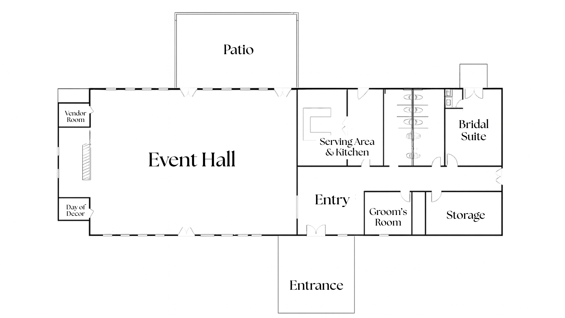 Floor plan of a building with labeled areas including an event hall, patio, vendor room, day of decor, serving area and kitchen, entry, groom's room, storage, bridal suite, and a hallway with closet storage.
