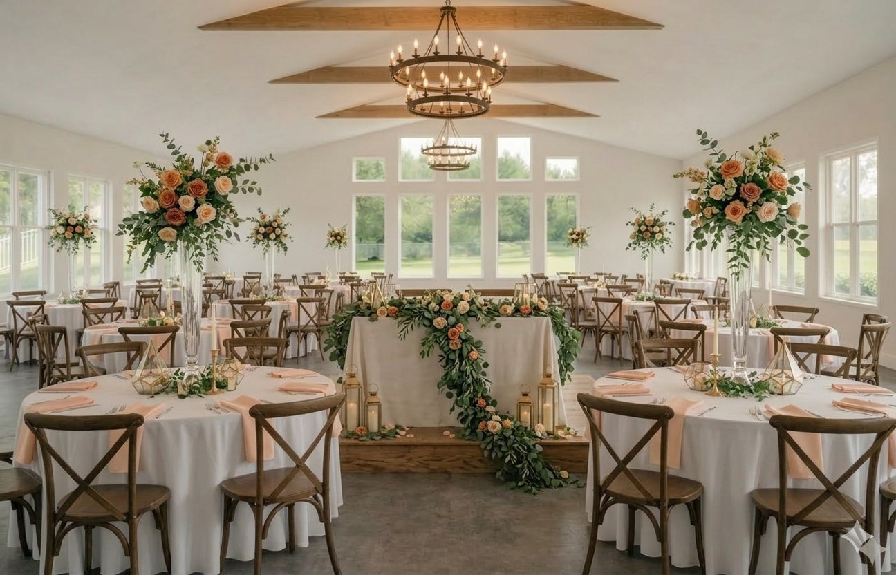 Elegant wedding reception hall decorated with peach and cream roses, greenery, candles, and lanterns on round tables with white tablecloths and peach napkins, large floral arrangements on tall vases, and a head table with floral decor in front of a l