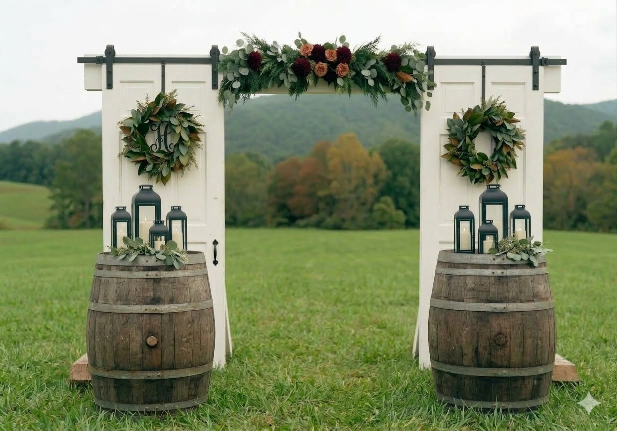 Rustic outdoor wedding or event setup with a white wooden arch decorated with greenery and flowers, flanked by two wooden barrels topped with black lanterns and greenery, set in a grassy field with trees and hills in the background.