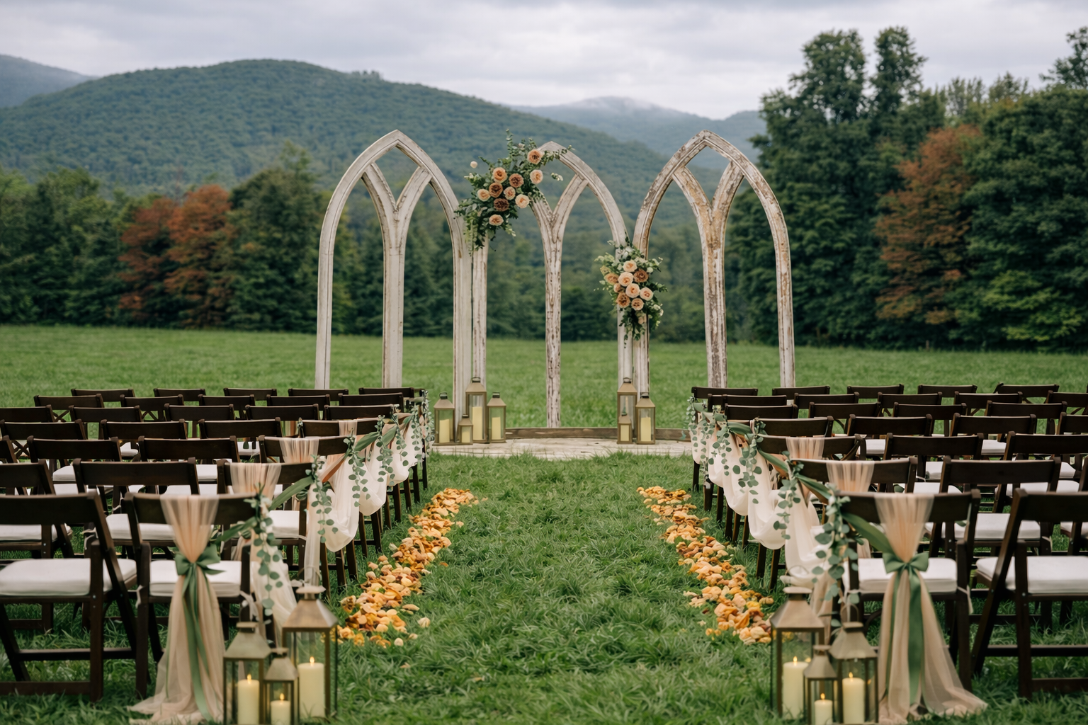 Outdoor wedding arch with floral decorations, set on a grassy field with chairs on either side, lanterns, and a mountain backdrop.