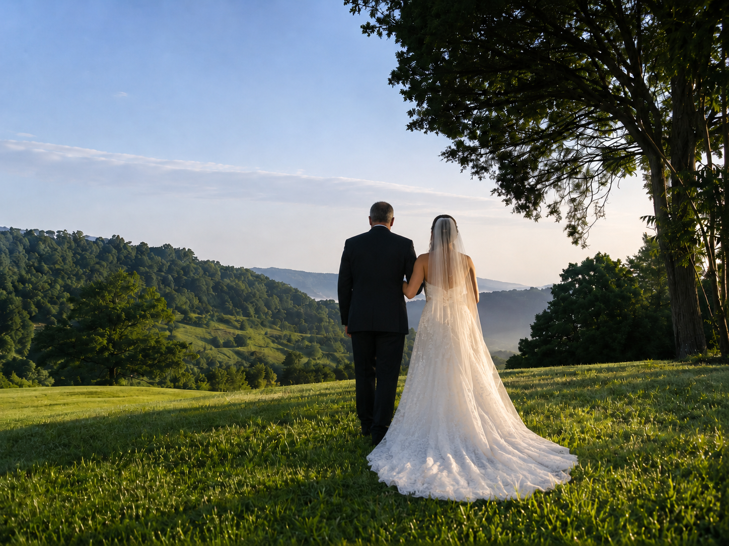A bride and groom walking hand in hand across a grassy field with rolling hills and trees in the background, under a partly cloudy sky during sunset.