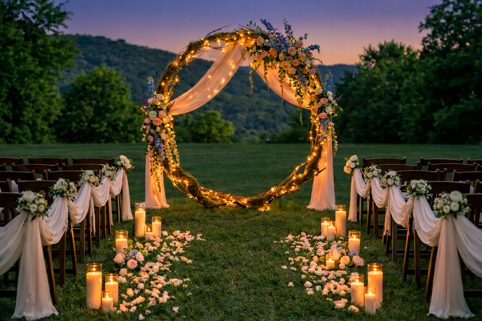 Elegant outdoor wedding setup with a floral arch decorated with fairy lights, surrounded by chairs with floral and fabric drapery, and candles along a petal-strewn aisle at sunset.