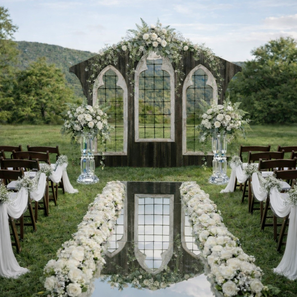 Outdoor wedding ceremony setup with a wooden arch decorated with white roses and greenery, flanked by two large floral arrangements in glass vases, with chairs on either side draped with white fabric, and a reflective path lined with white flowers le