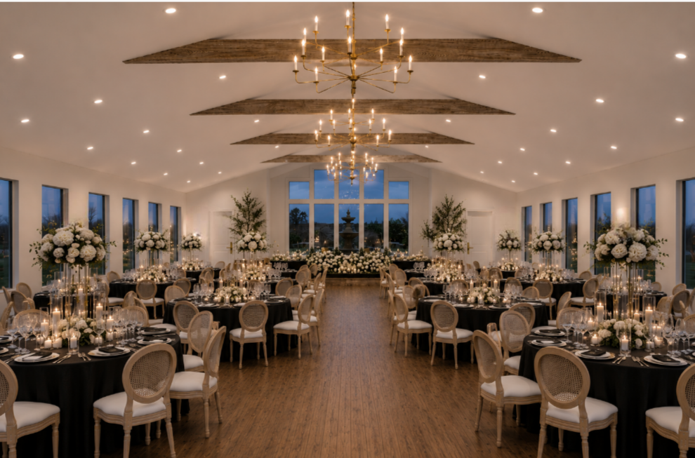 Elegant banquet hall decorated with floral arrangements, candles, and chandeliers, set for a formal event.