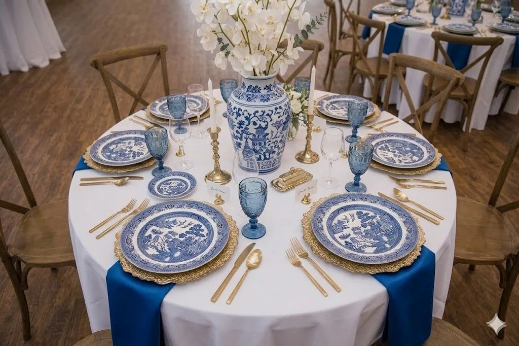A round banquet table set for a formal event, featuring blue and white patterned china, gold flatware, blue glassware, and a large floral arrangement in a blue and white vase.