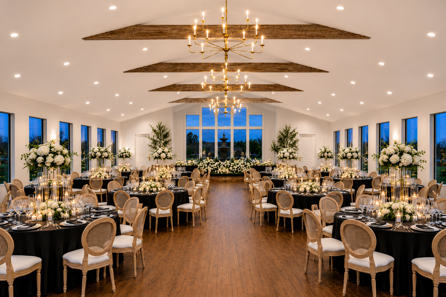 Elegant banquet hall decorated with white floral centerpieces, candlelit tables, and large windows at dusk.