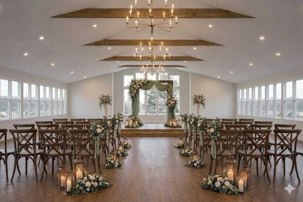 Wedding ceremony setup in a bright, spacious room with wooden floors, large windows, chandeliers, floral arrangements, candles, and rows of chairs facing an altar with drapery and flowers.