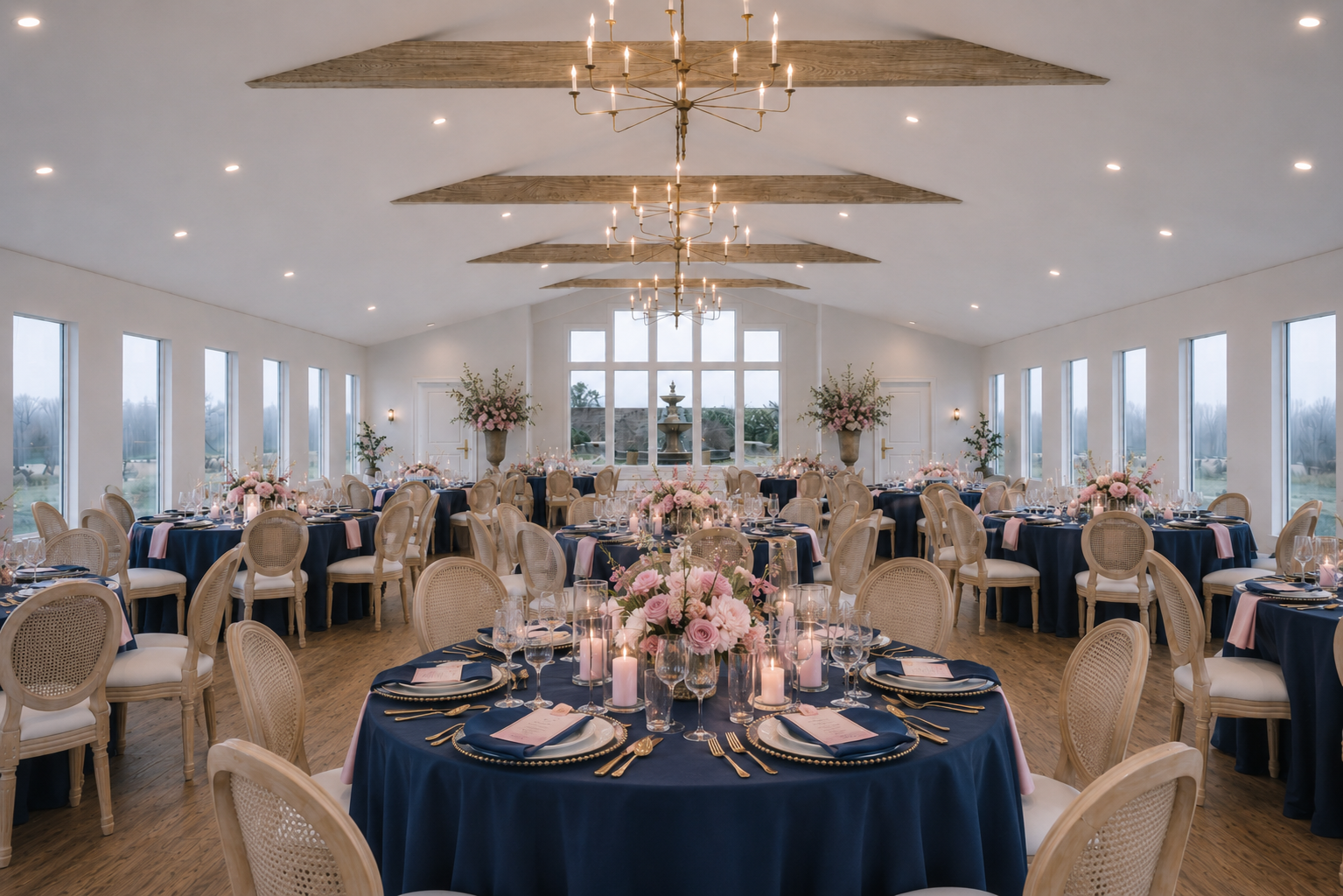 Elegant banquet hall decorated for a wedding reception with round tables covered in navy blue tablecloths, pink floral centerpieces, candles, and place settings, with large windows, chandeliers, and a fountain in the background.