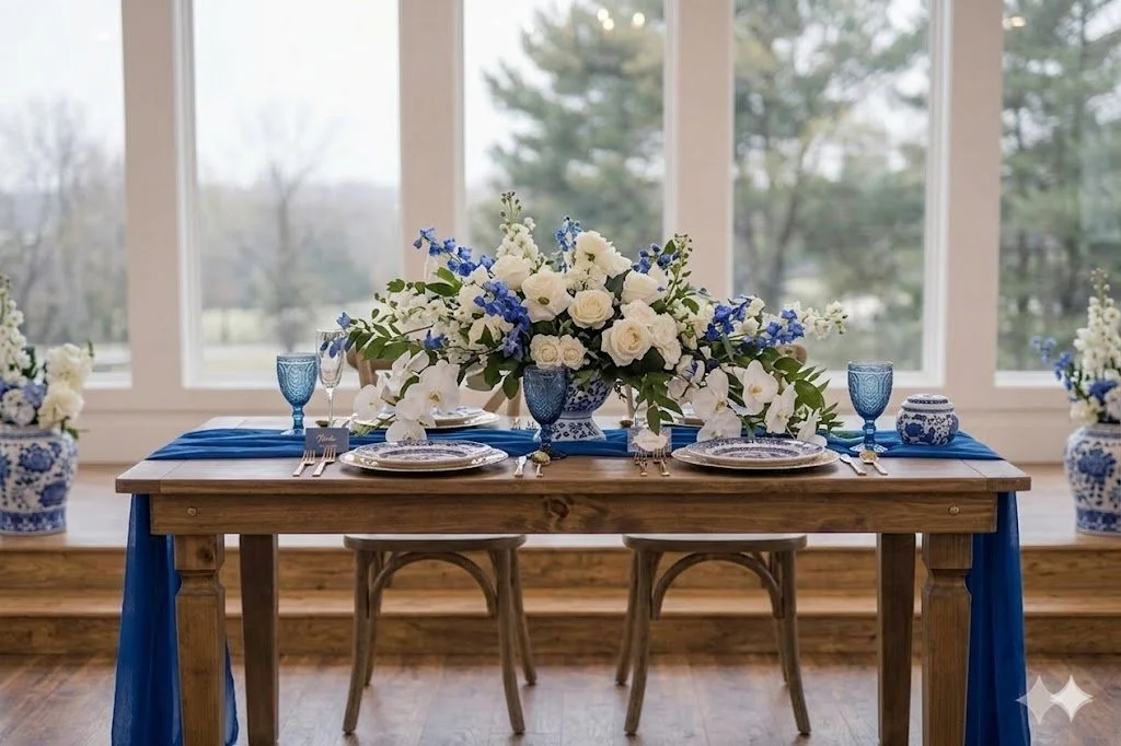 A dining table set for a formal occasion, decorated with a blue and white floral centerpiece, blue glasses, and cutlery, with a blue table runner and matching vases, in front of large windows overlooking a wooded outdoor scene.