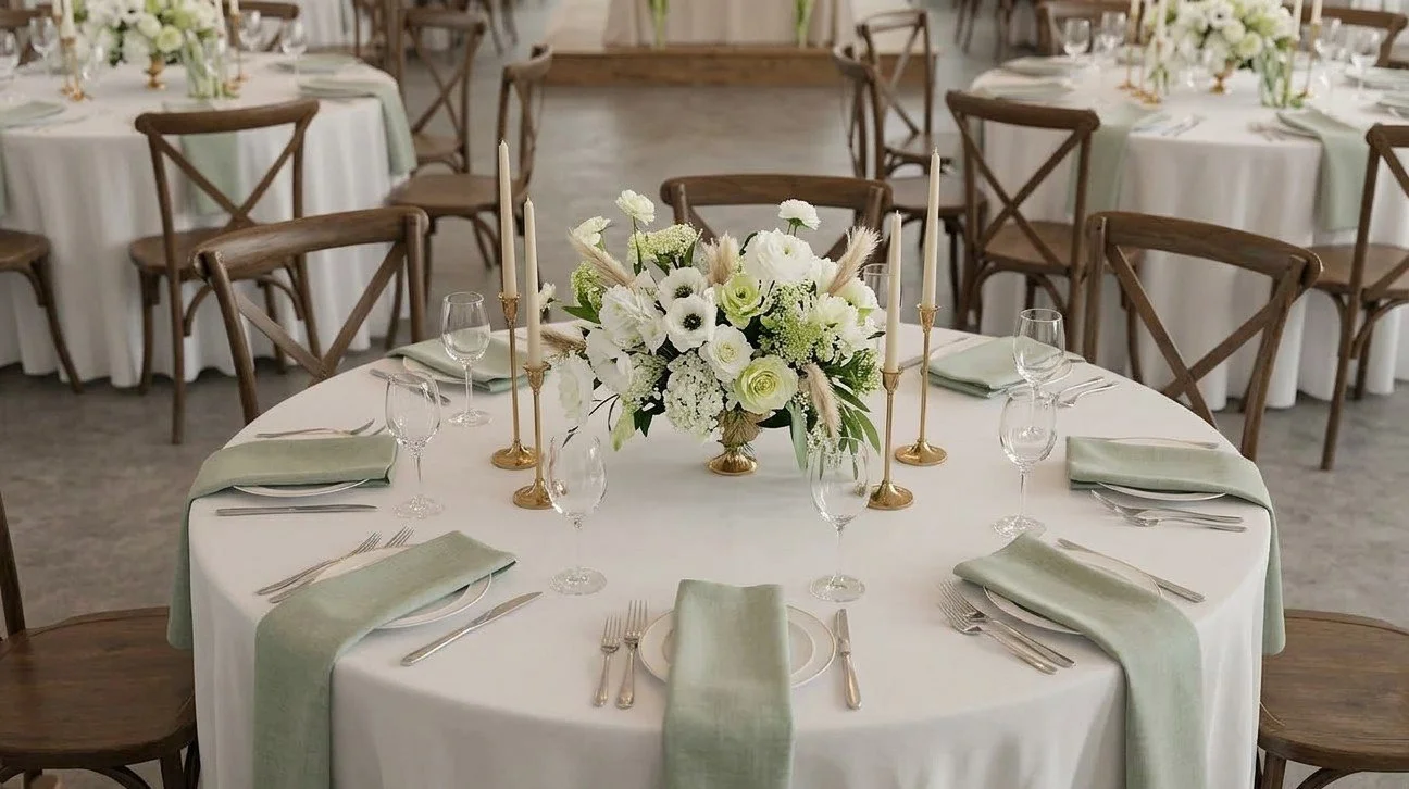 Round banquet table set for a formal event with white tablecloth, green napkins, silverware, wine glasses, and a large white floral centerpiece with candles.
