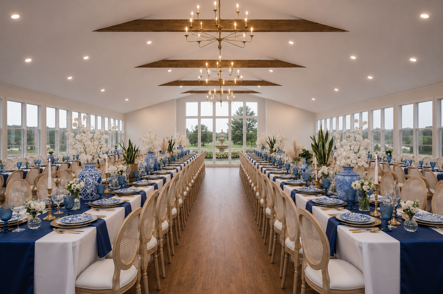 Elegant banquet hall with two long rows of tables, decorated with white and blue china, glassware, gold utensils, and white floral centerpieces with tall green leaves. The hall has large windows on both sides, natural light, and a view of a fountain 
