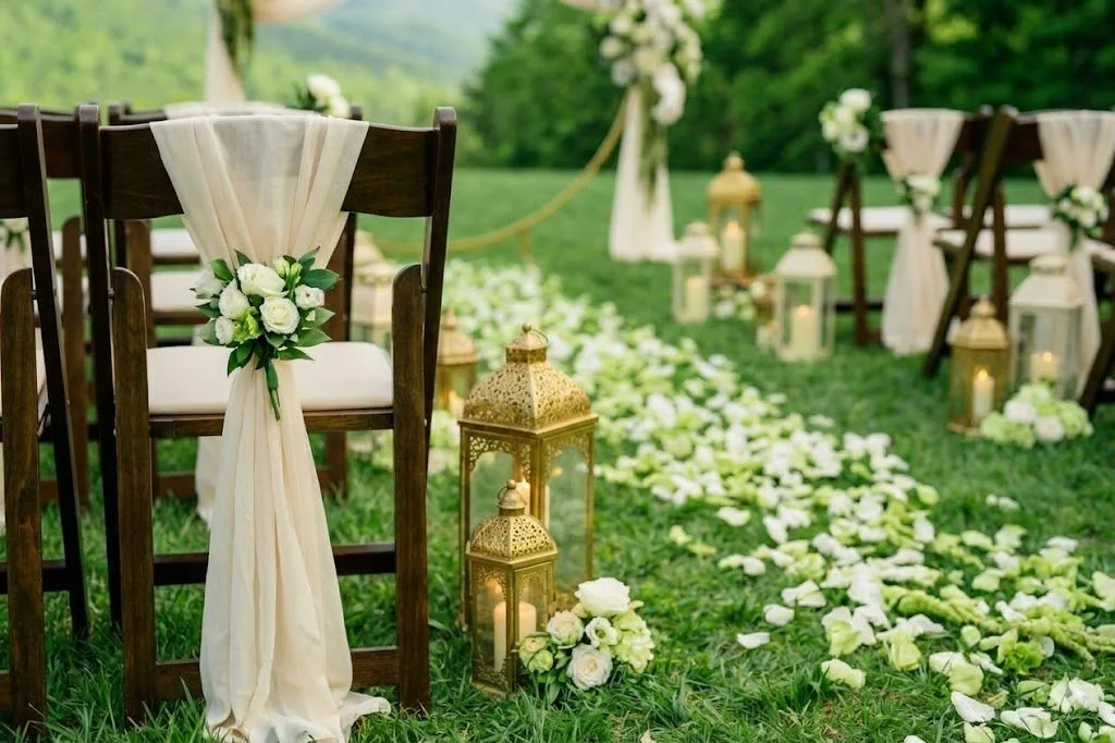 Outdoor wedding ceremony setup with wooden chairs decorated with white fabric and flowers, lanterns, and flower petal aisle on grass.