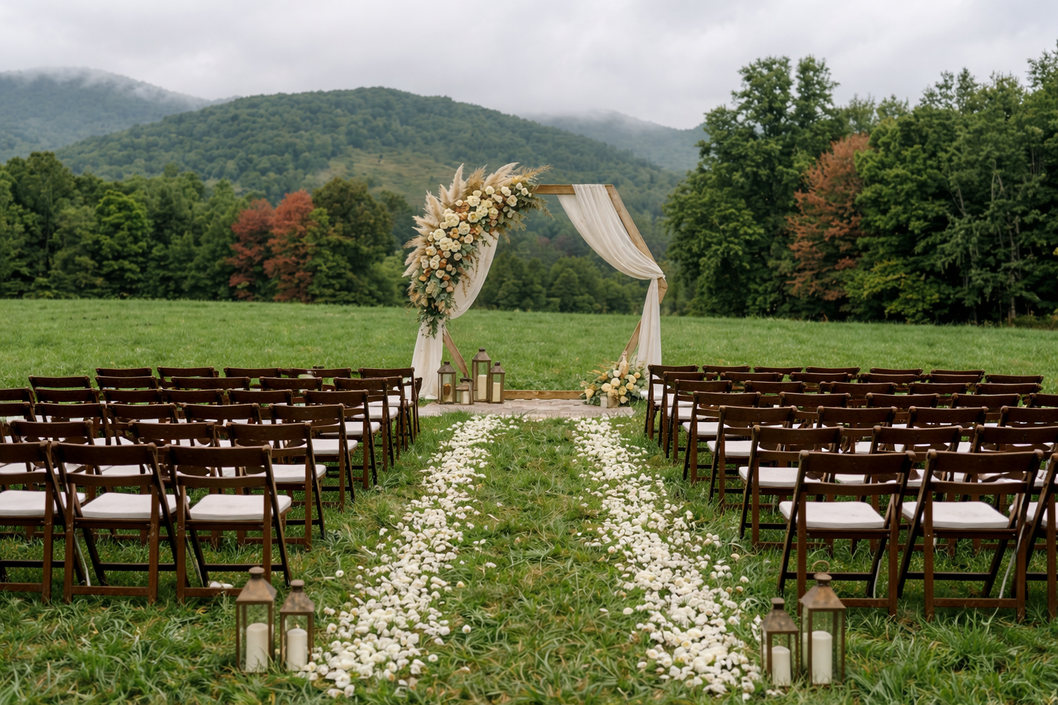 Outdoor wedding setup with chairs, floral arch, candle lanterns, and flower petals on grass with mountains and trees in the background.