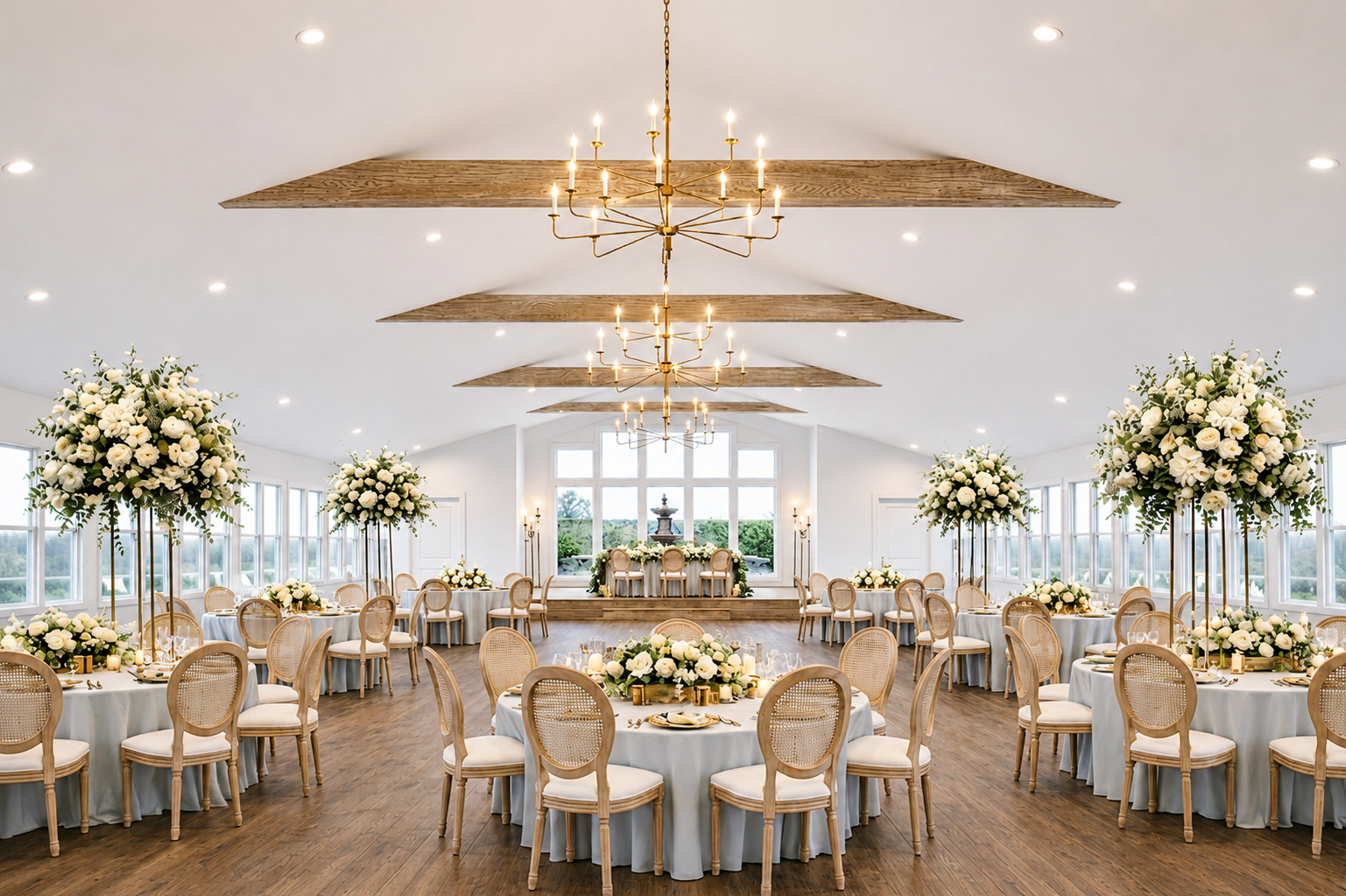 Elegant wedding reception hall decorated with white flowers, round tables with white tablecloths and beige chairs, chandeliers hanging from the ceiling, a fountain centerpiece at the front, and large windows providing natural light.