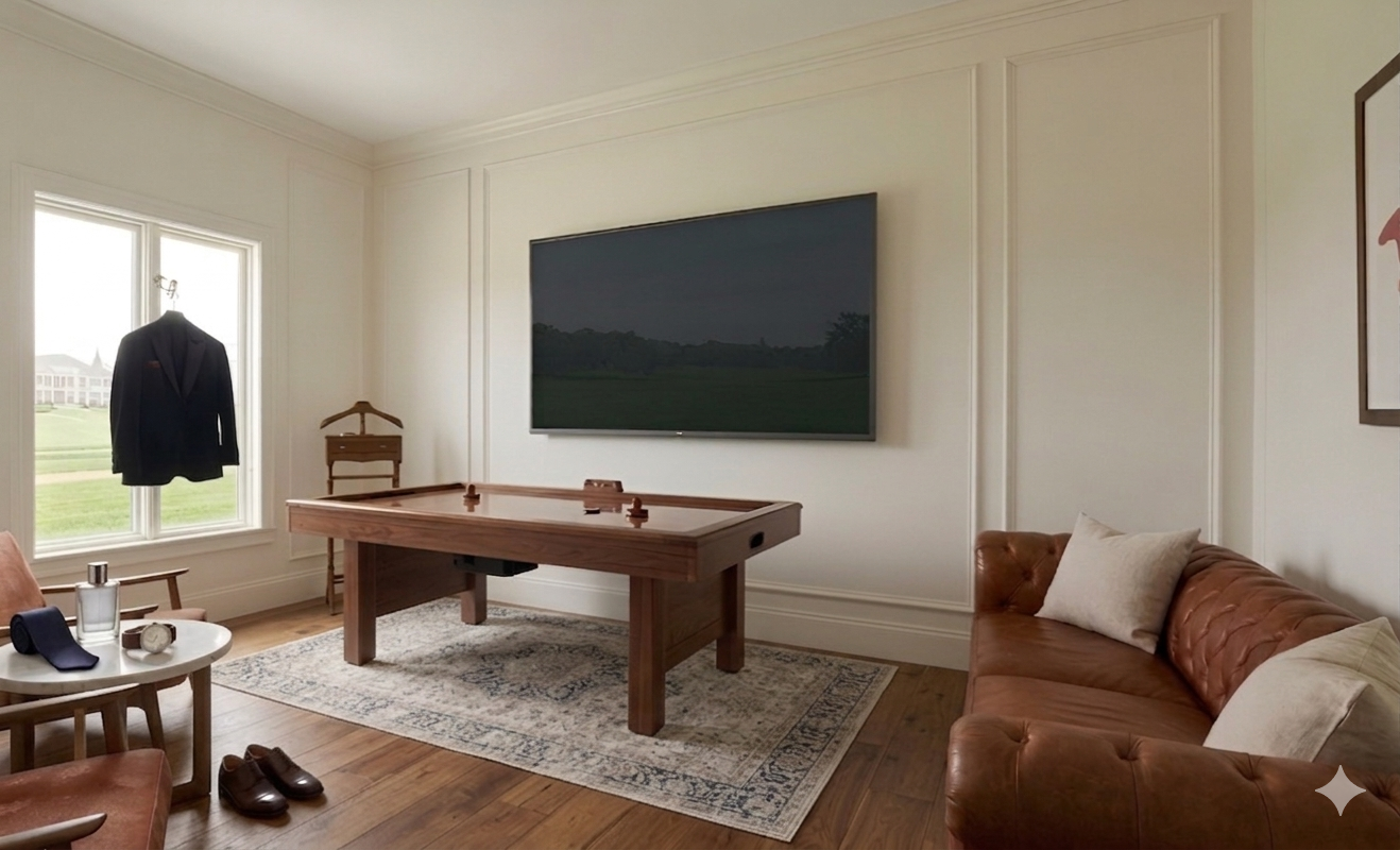 Living room with a large wall-mounted TV, leather couch with pillows, a vintage armchair, a foosball table, a side table with drinks and a phone, a window with a black coat hanging outside, and a red patterned rug on the floor.
