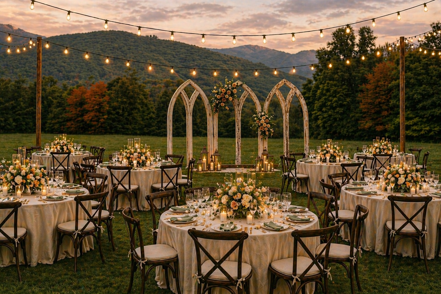 Outdoor wedding reception setup with round tables decorated with white linens, floral centerpieces, candles, and glassware, set against a scenic mountain backdrop at sunset with string lights overhead and a rustic wooden arch adorned with flowers and