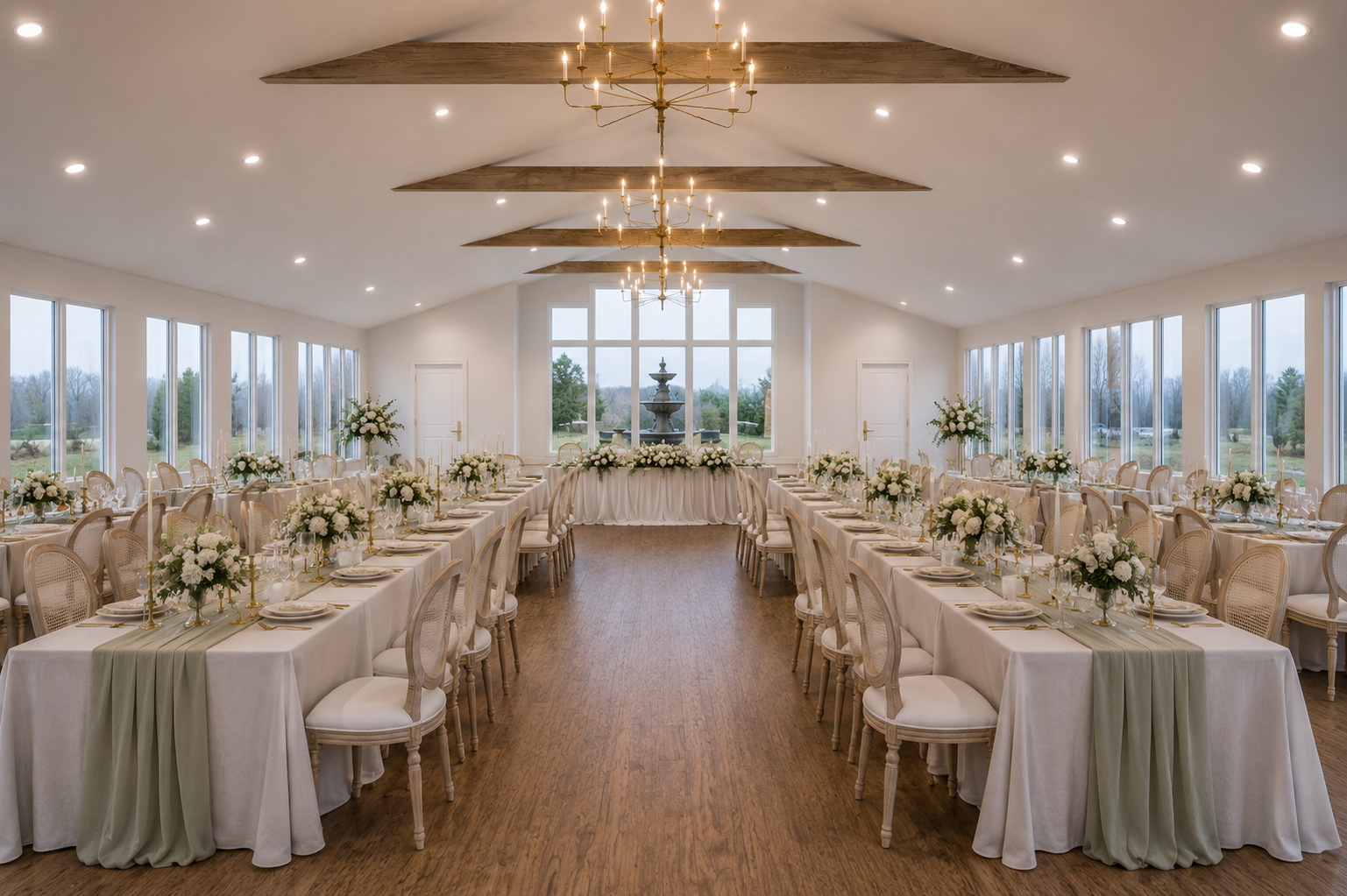 Elegant wedding reception hall with long tables decorated with white and green floral arrangements, set for a formal event with dinnerware and glasses, featuring large windows and a fountain centerpiece.