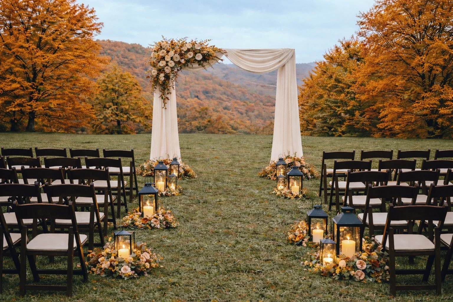 Outdoor wedding ceremony setup with rows of chairs, floral arrangements, candles in lanterns, and an arch with flowers and draping fabric, set against autumn trees and mountains.