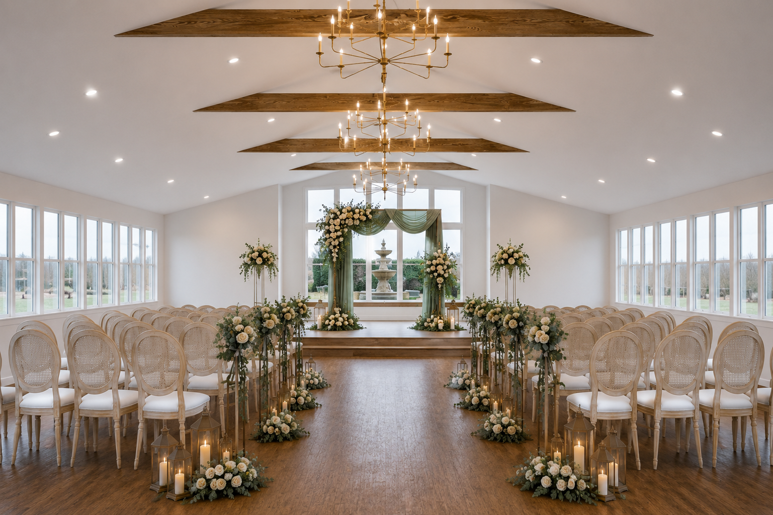 A wedding ceremony setup in a bright, elegant hall with rows of chairs, floral arrangements, candles, and a decorative backdrop with a fountain outside the window.