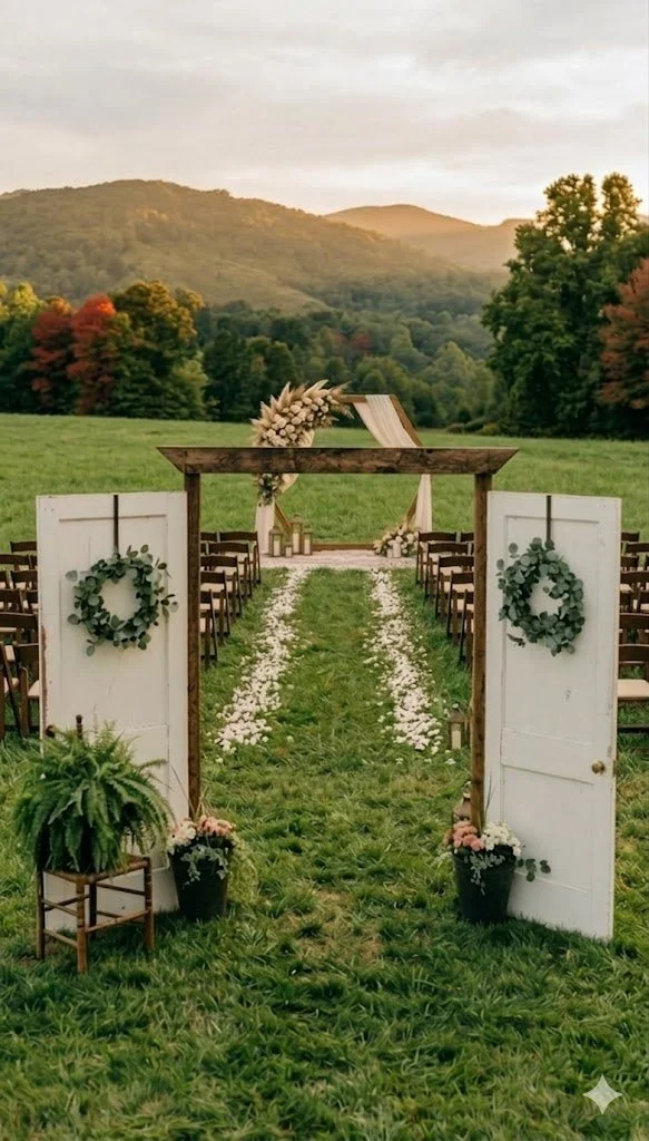 Outdoor wedding ceremony setup with a grassy aisle, flower petals, wooden chairs, and a wedding arch with floral decorations, overlooking a scenic mountain view.