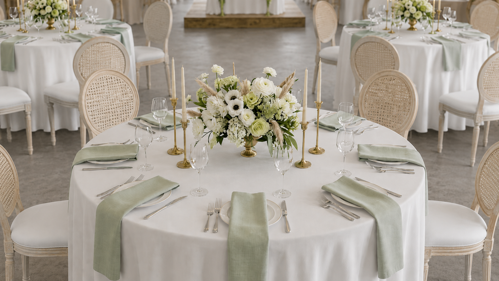 Elegant round table set for a formal event with a floral centerpiece, candles, and fine tableware, surrounded by white chairs with woven backs in a decorated venue.