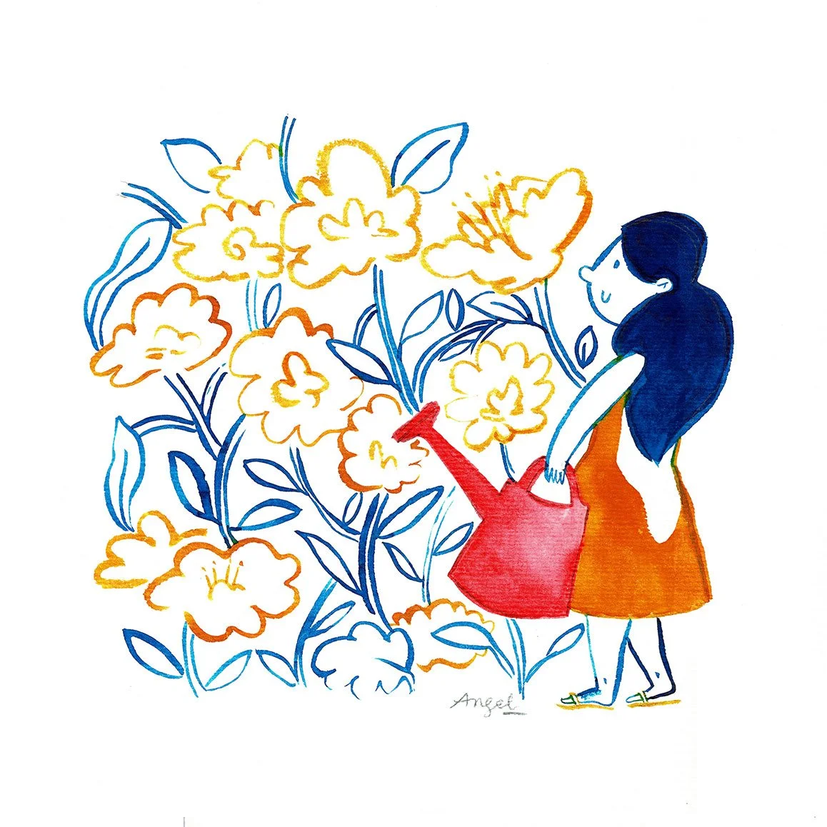 Jeune fille regardant les fleurs qui poussent de son arrosoir.