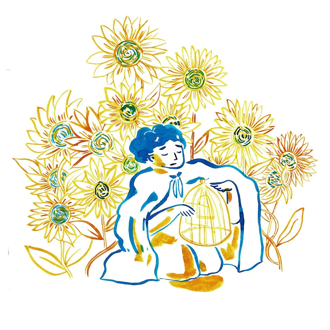 Oiseleur triste regardant la cage d'où iun oiseau s'est échappé derrière un champ de tournesol.