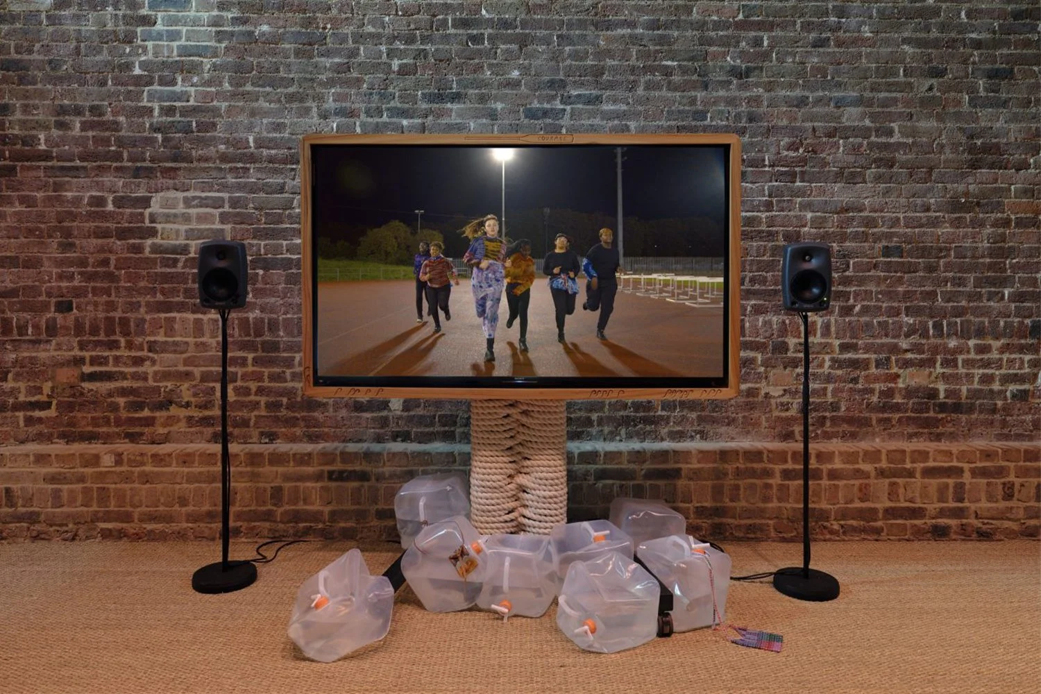 Image showing installation of video work Rafts by Rory Pilgrim at Serpentine Galleries. A monitor with speakers shows a film still of 6 young poeple running in the night towards the camera.