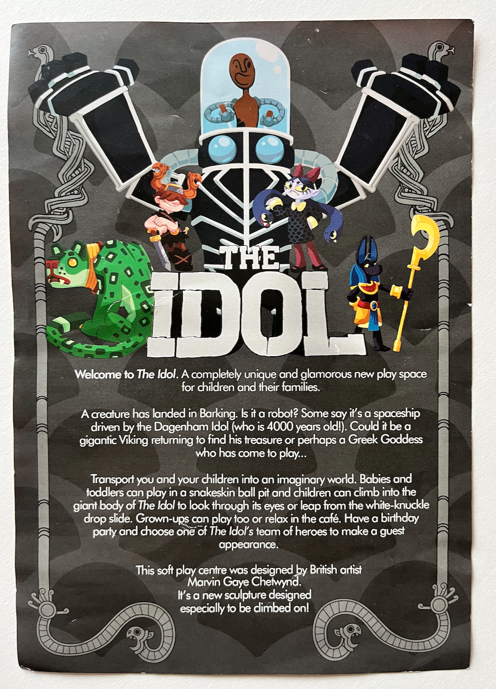 Marketing flyer advertising The Idol soft play centre featuring cartoon-like characters invented by Monster Chetwynd.