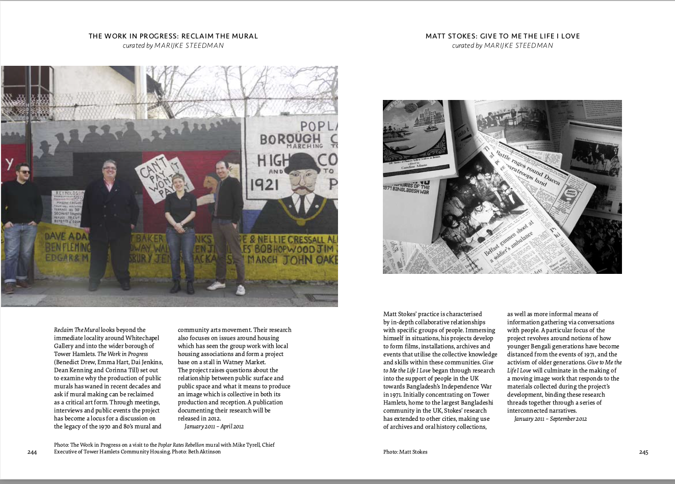 two pages from the book Gallery as Community: Art Education Politics - documenting two projects Reclaim the Mural and Give to Me the Live I Love by Matt Stokes.